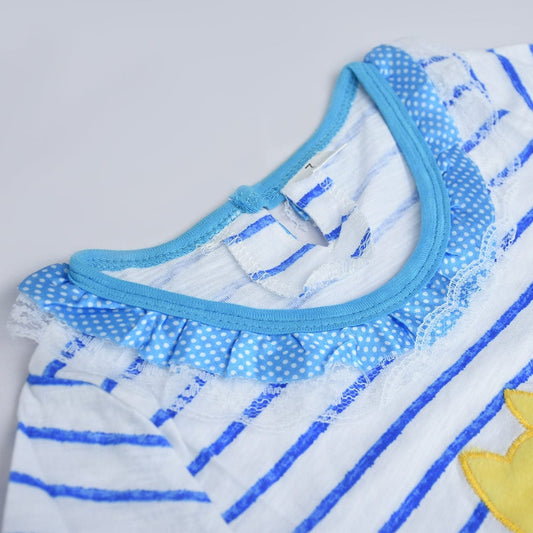 Kids Long Sleeve Stripe Blue Frilled Neckline Applique Tee Shirt (1 to 5 Years)