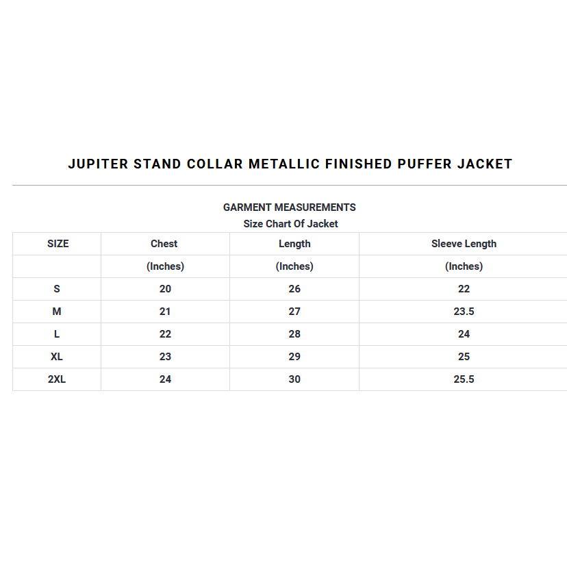 JUPITER STAND COLLAR METALLIC FINISHED PUFFER JACKET