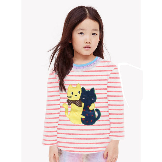 Kids Long Sleeve Stripe Frilled Neckline Applique Tee Shirt (1 to 6 Years)