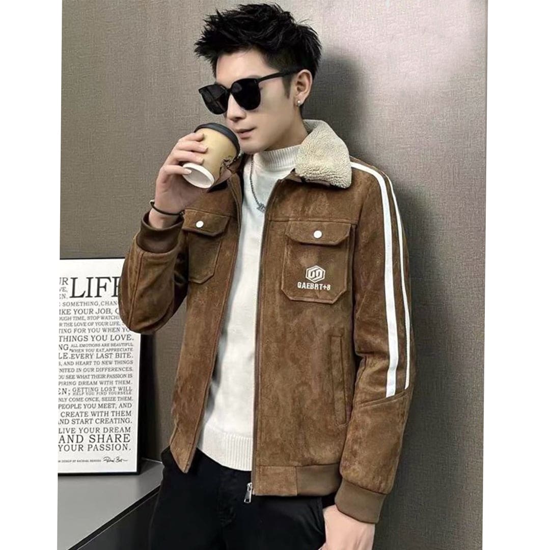 Imported Suede Front Zip Fur Collar Premium Jacket For Men