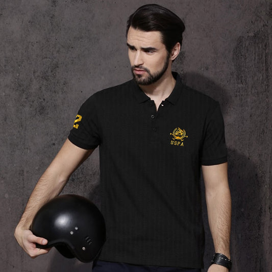 Textured Fabric Black Elite Cotton Polo For Men