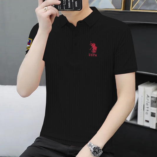 Textured Fabric Iconic Black  Cotton Polo For Men