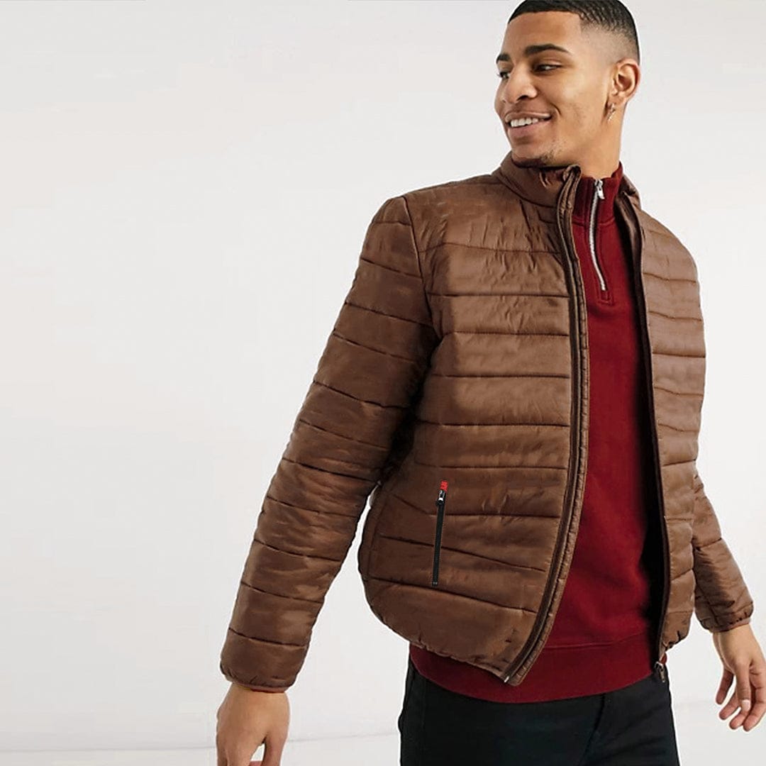 Men Funnel Neck Puffer Brown  jacket