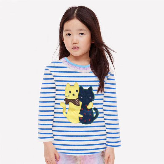 Kids Long Sleeve Stripe Frilled Neckline Applique Tee Shirt (1 to 6 Years)