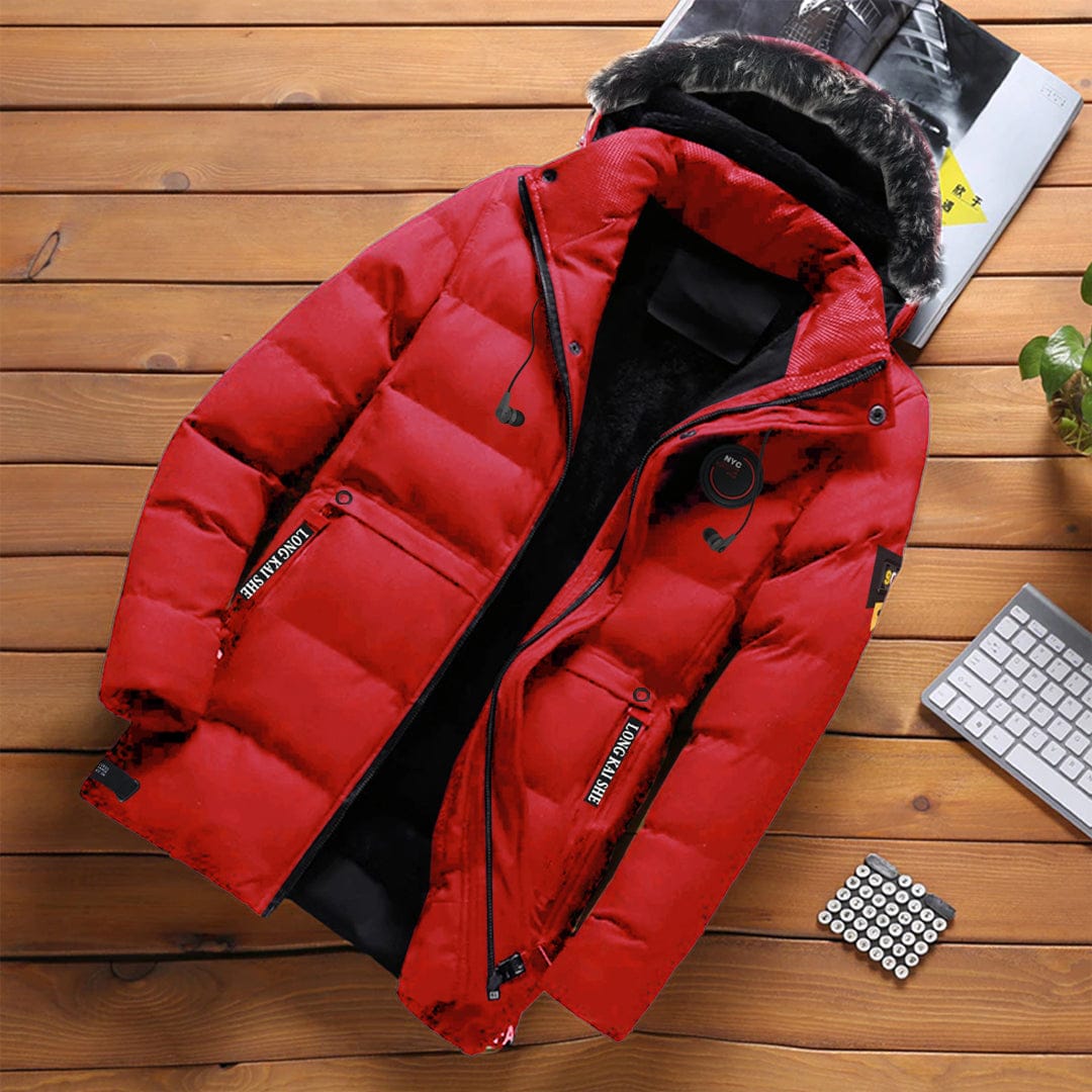 Mens red puffer jacket with fur hood hotsell