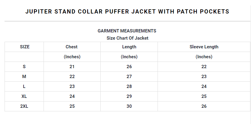 Jupiter Stand Collar puffer Jacket with Patch pockets