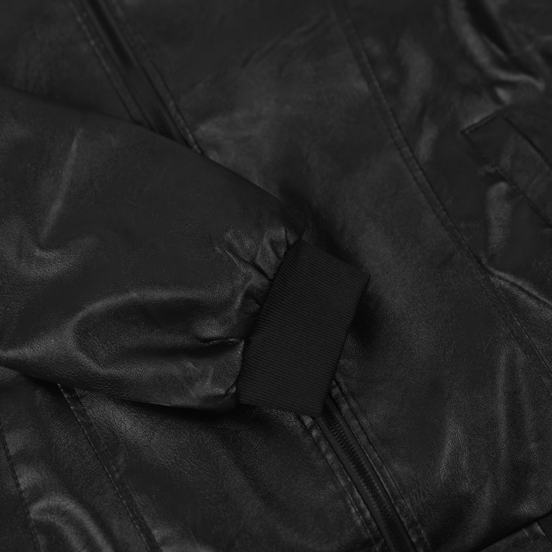 Imported Luxe Pu Leather Inside Sherpa Lining Black Bomber Jacket