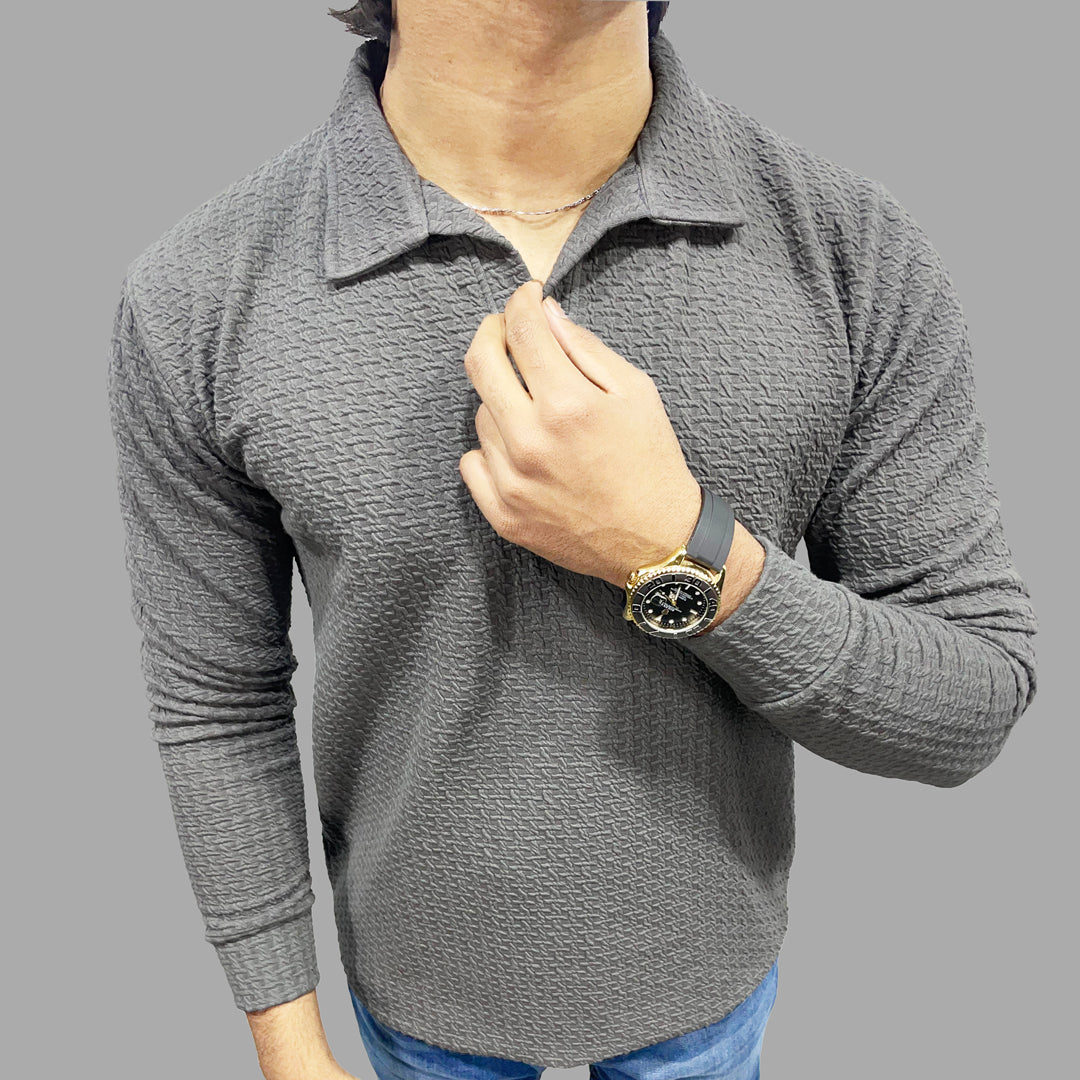 Jupiter Self Textured Jhony Collar Long Sleeves Posh Polo For Men