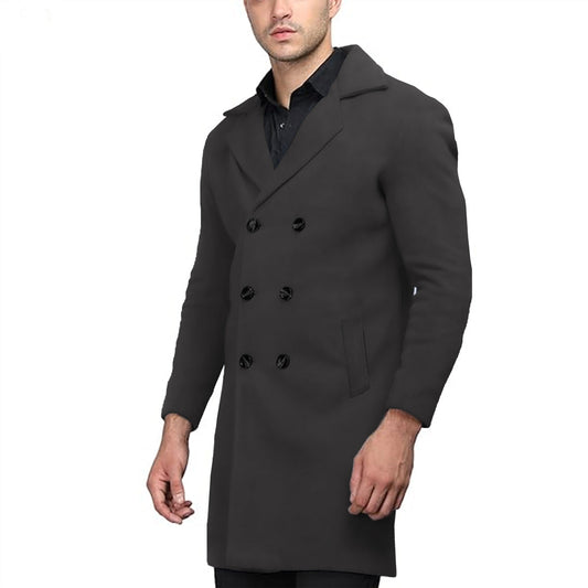 Imported  Double Breasted Gray Woolen Business Long Coat For Men