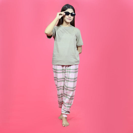 Unisex Checked Loungewear Comfy Soft Light Pink Cotton Trouser