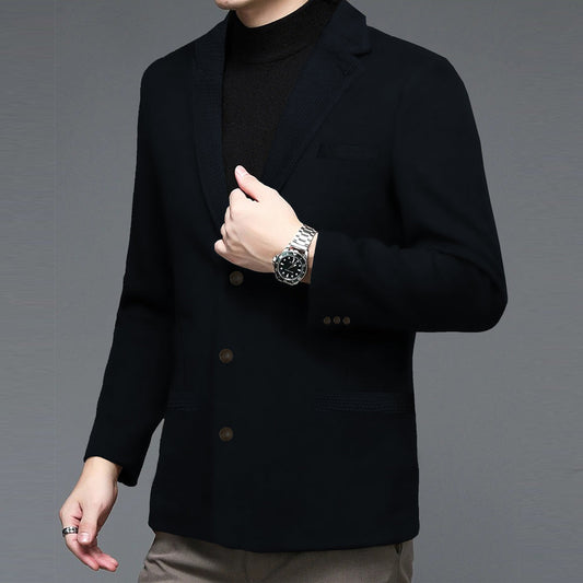 Imported Textured Collar Woolen Business Long Coat For Men