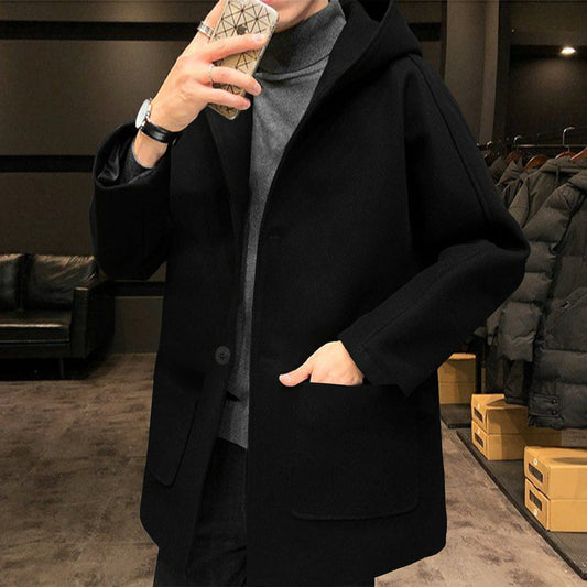 Imported Hooded Woolen Black Long Coat For Men