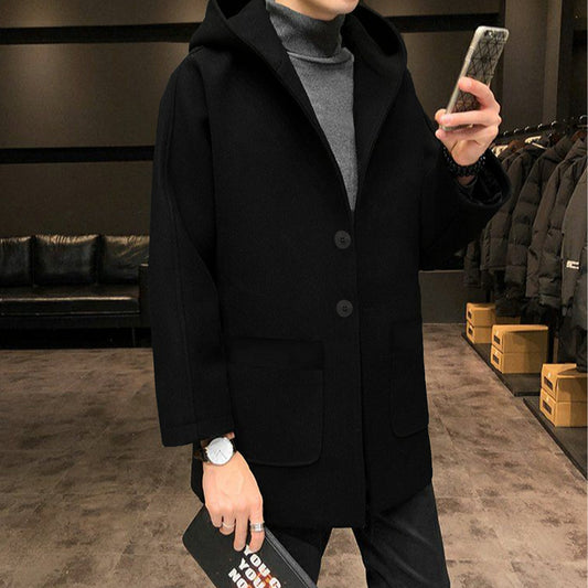 Imported Hooded Woolen Black Long Coat For Men