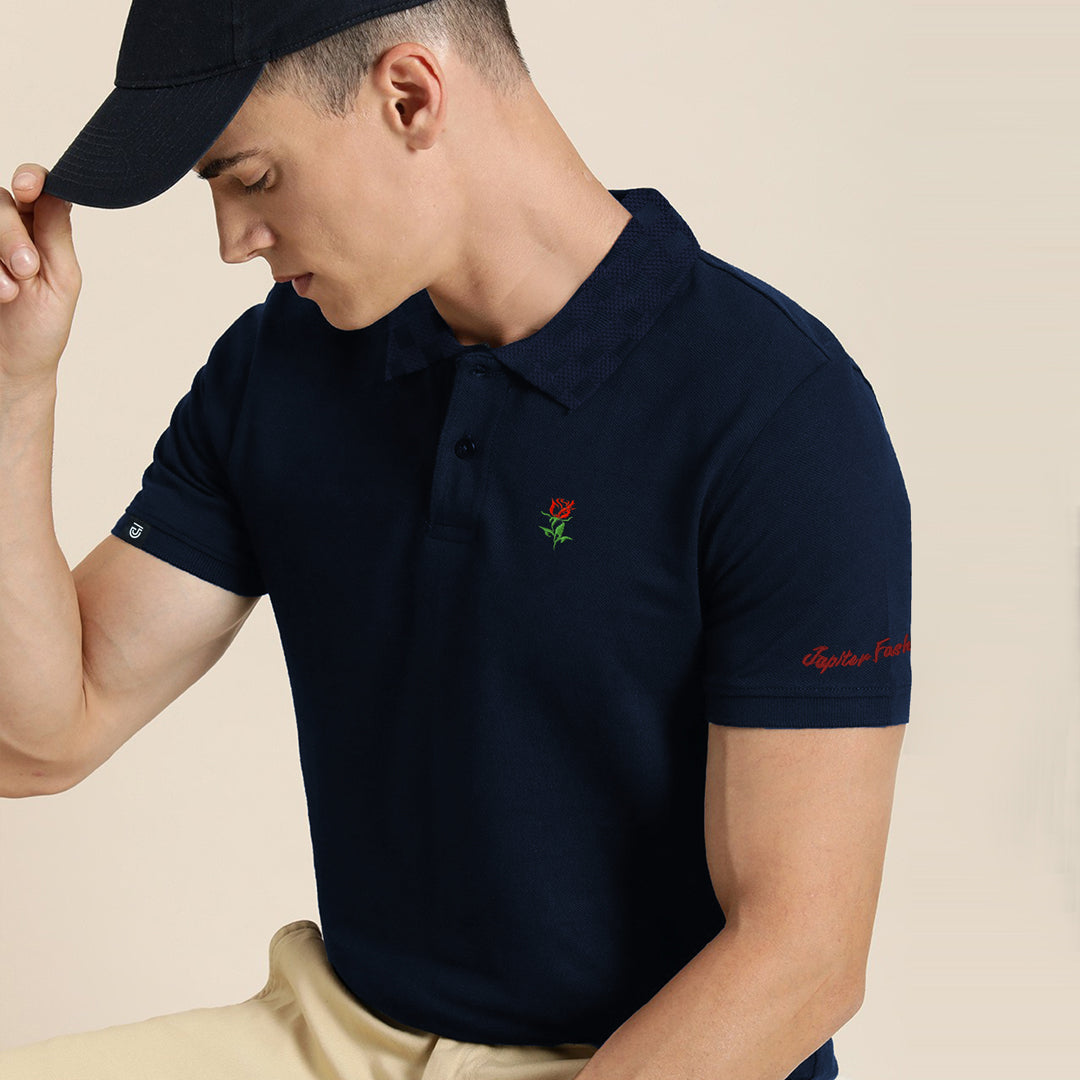 Jupiter Red Rose Embroidered Viscosen Soft Cotton Polo For Men