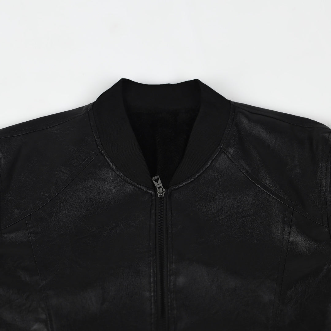 Imported Luxe Pu Leather Inside Sherpa Lining Black Bomber Jacket