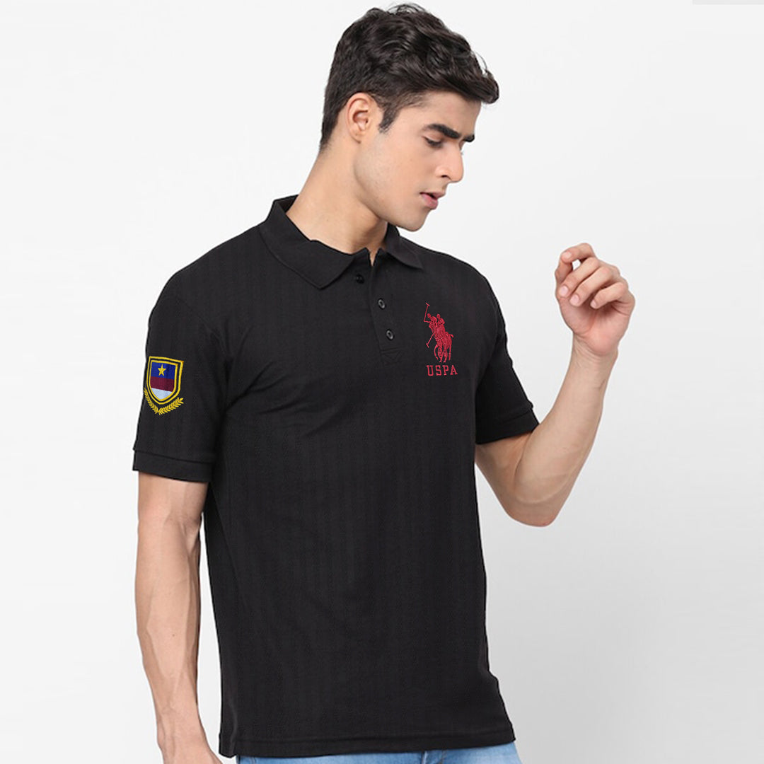 Textured Fabric Iconic Black  Cotton Polo For Men