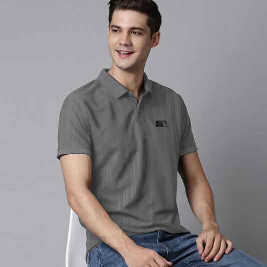 Textured Fabric High Density Supreme Logo Grey Cotton Polo For Men