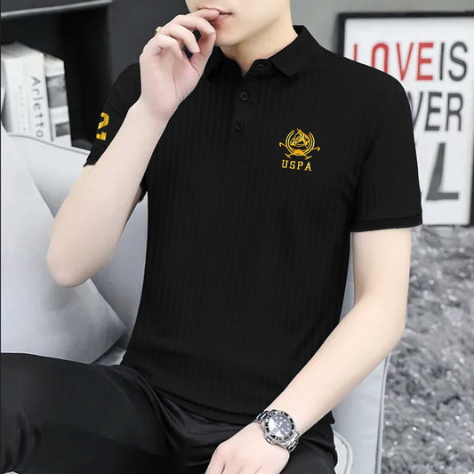 Textured Fabric Black Elite Cotton Polo For Men