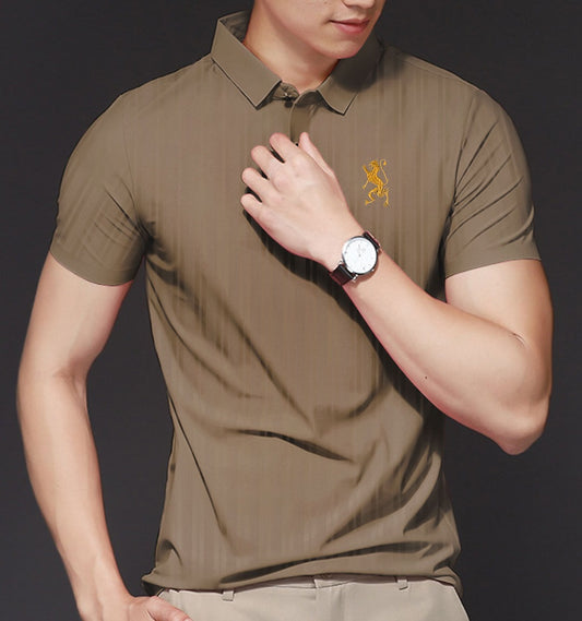 Textured Fabric Premier Logo Brown Cotton Polo For Men