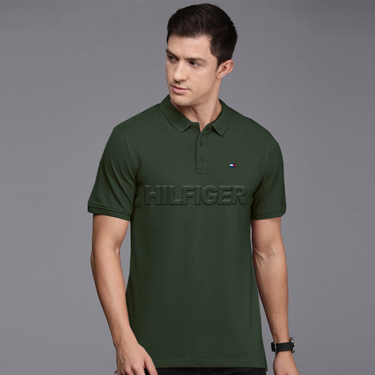 Embossed Logo Battalion Green Cotton Polo For Men