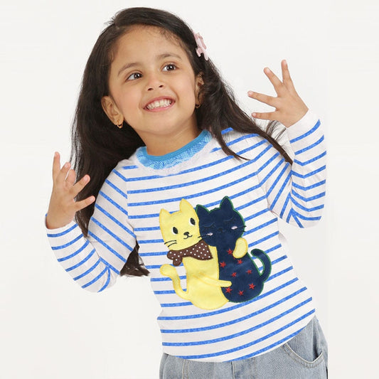 Kids Long Sleeve Stripe Blue Frilled Neckline Applique Tee Shirt (1 to 5 Years)